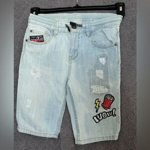 Zara boys denim shorts with patches and rips with tie and button waist sz8